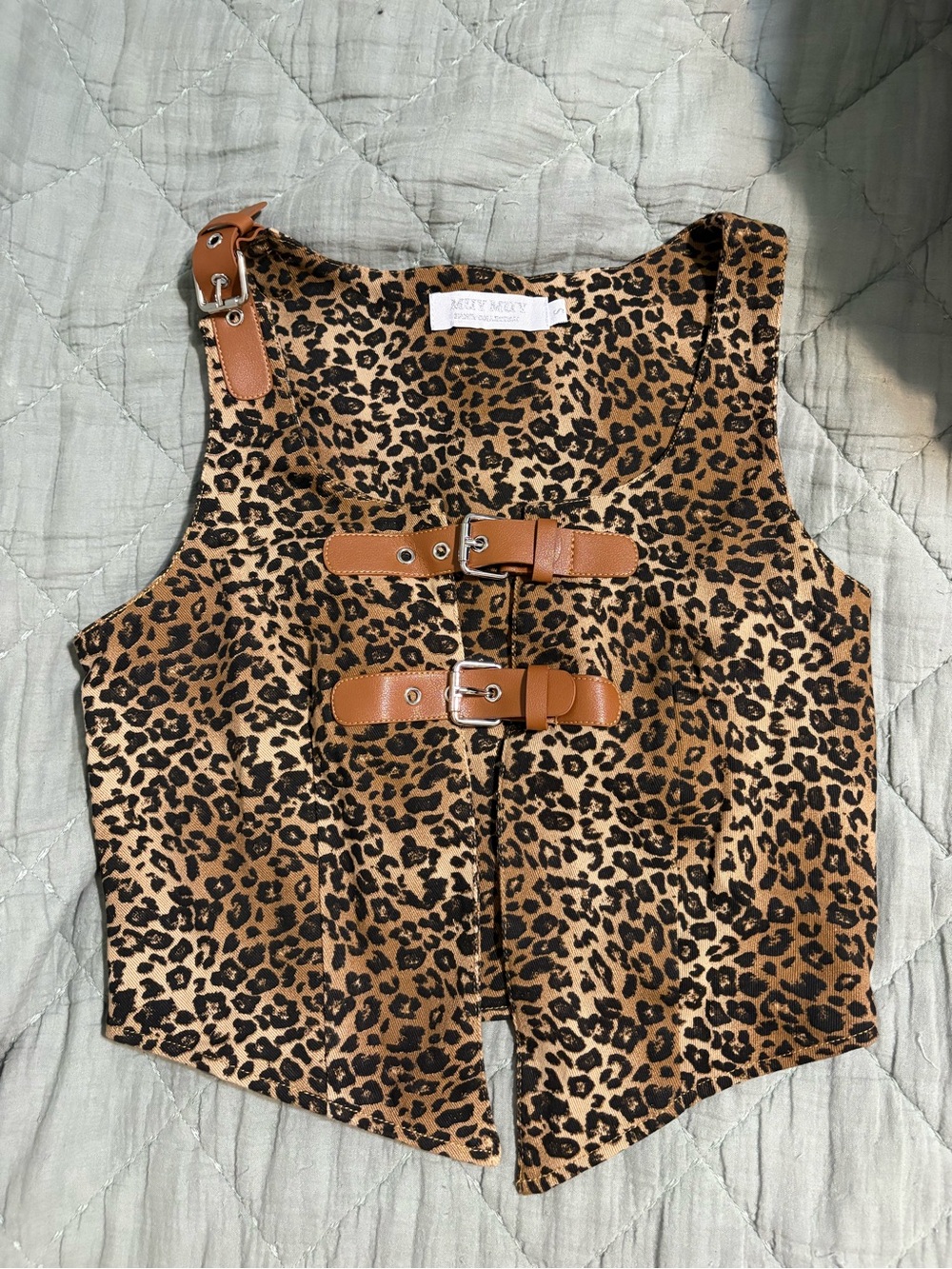 Milly Moon Leopard Print Buckle Crop Vest - Brown